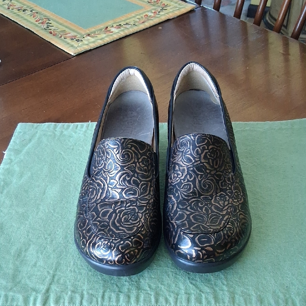Alegria Floral Embossed Black and Gold Slip-On Shoes